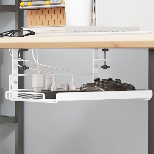 Plateau de gestion des câbles sous le bureau sans perçage – organisateur en acier pour fils, multiprises et chargeurs