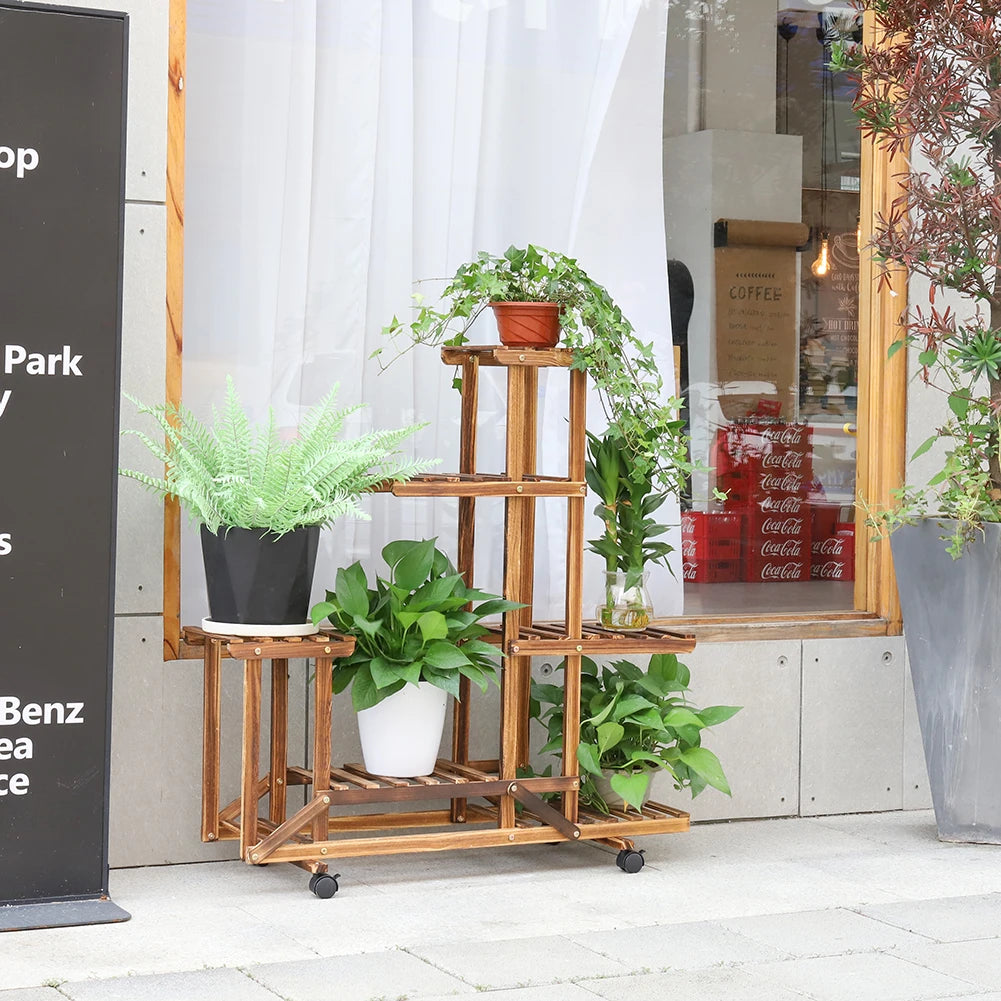 UNHO-Présentoir à plantes en bois avec roulettes, étagère roulante multicouche, stockage mobile intérieur, support T1 extérieur