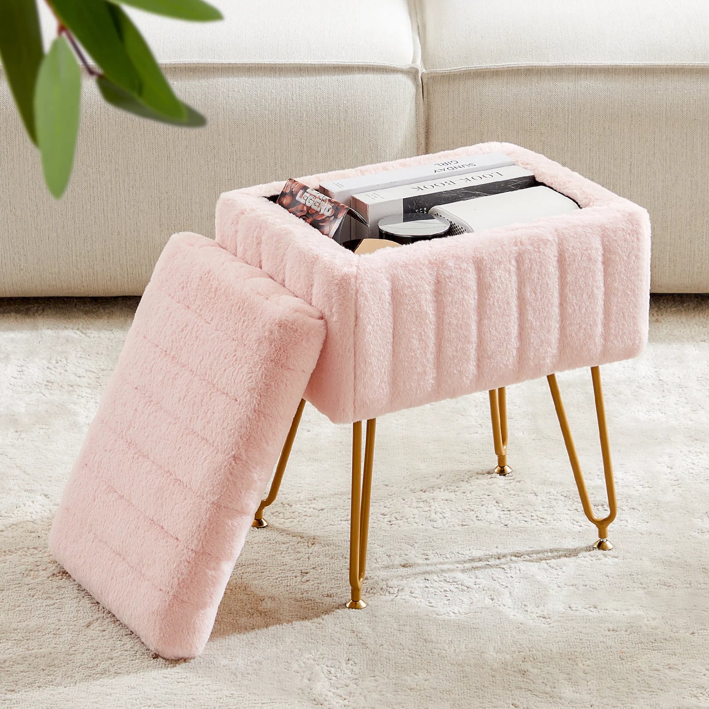 JHK – tabourets et poufs de rangement cachés en fausse fourrure pour salon, maquillage rembourré avec 4 pieds en métal, pieds réglables antidérapants pour la maison