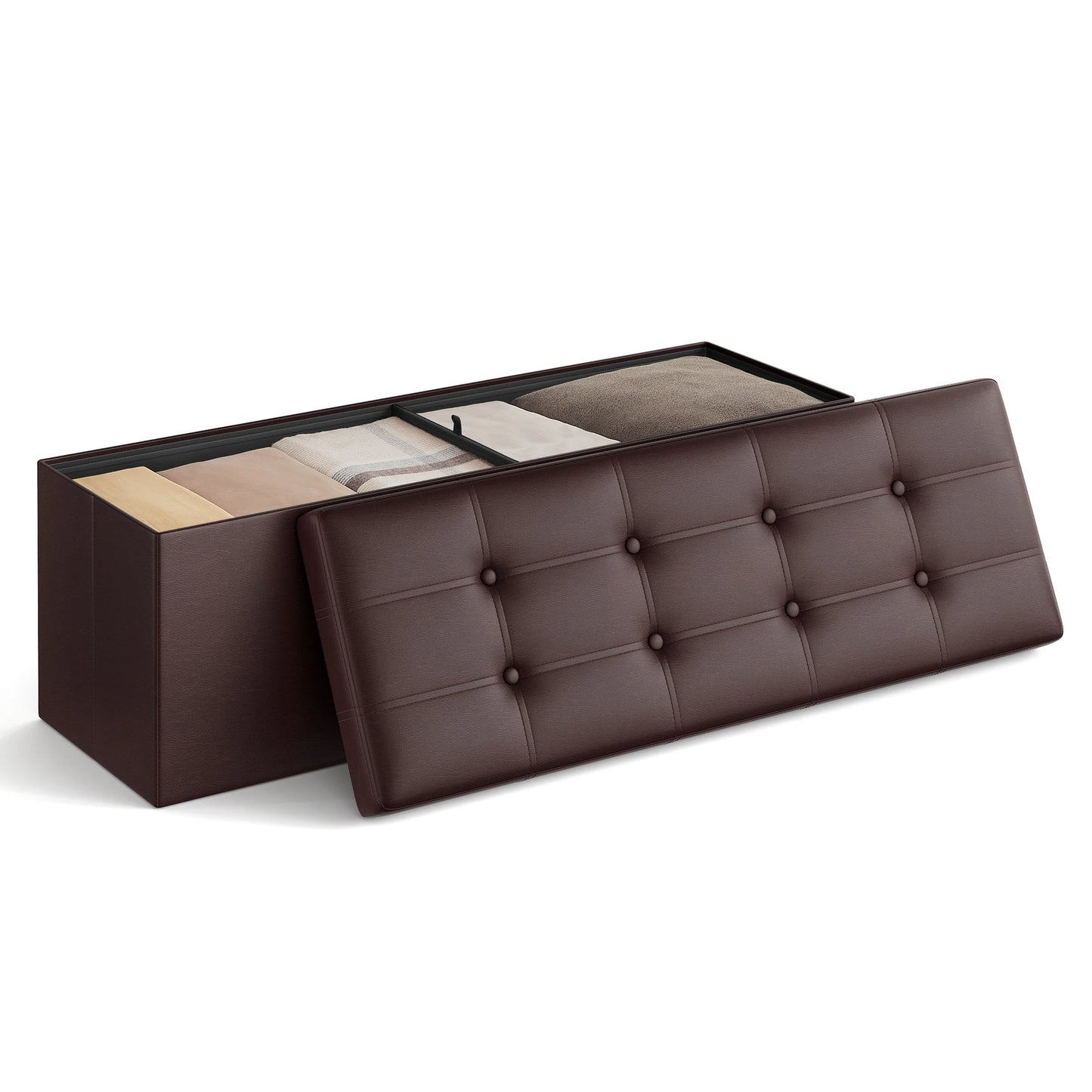 SONGMICS 43 Inches Folding Storage Ottoman Bench, Storage Chest, Footrest, Coffee Table, Padded Seat, Faux Leather