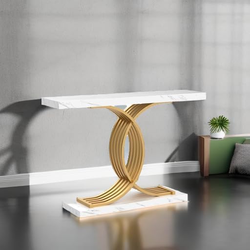 Table Console d'entrée, 100 x 29,5 x 80 cm Table Console Vintage, Table d'entrée avec Pieds métalliques géométriques, Table canapé étroite en Bois pour Le Salon (Blanc et Doré)