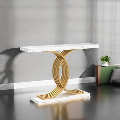 Table Console d'entrée, 100 x 29,5 x 80 cm Table Console Vintage, Table d'entrée avec Pieds métalliques géométriques, Table canapé étroite en Bois pour Le Salon (Blanc et Doré)