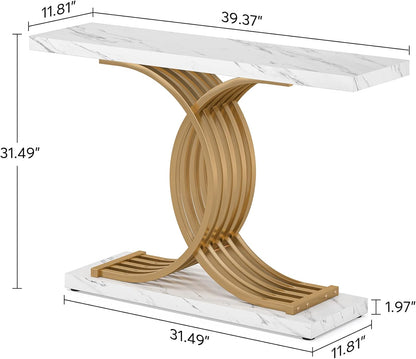 Table Console d'entrée, 100 x 29,5 x 80 cm Table Console Vintage, Table d'entrée avec Pieds métalliques géométriques, Table canapé étroite en Bois pour Le Salon (Blanc et Doré)