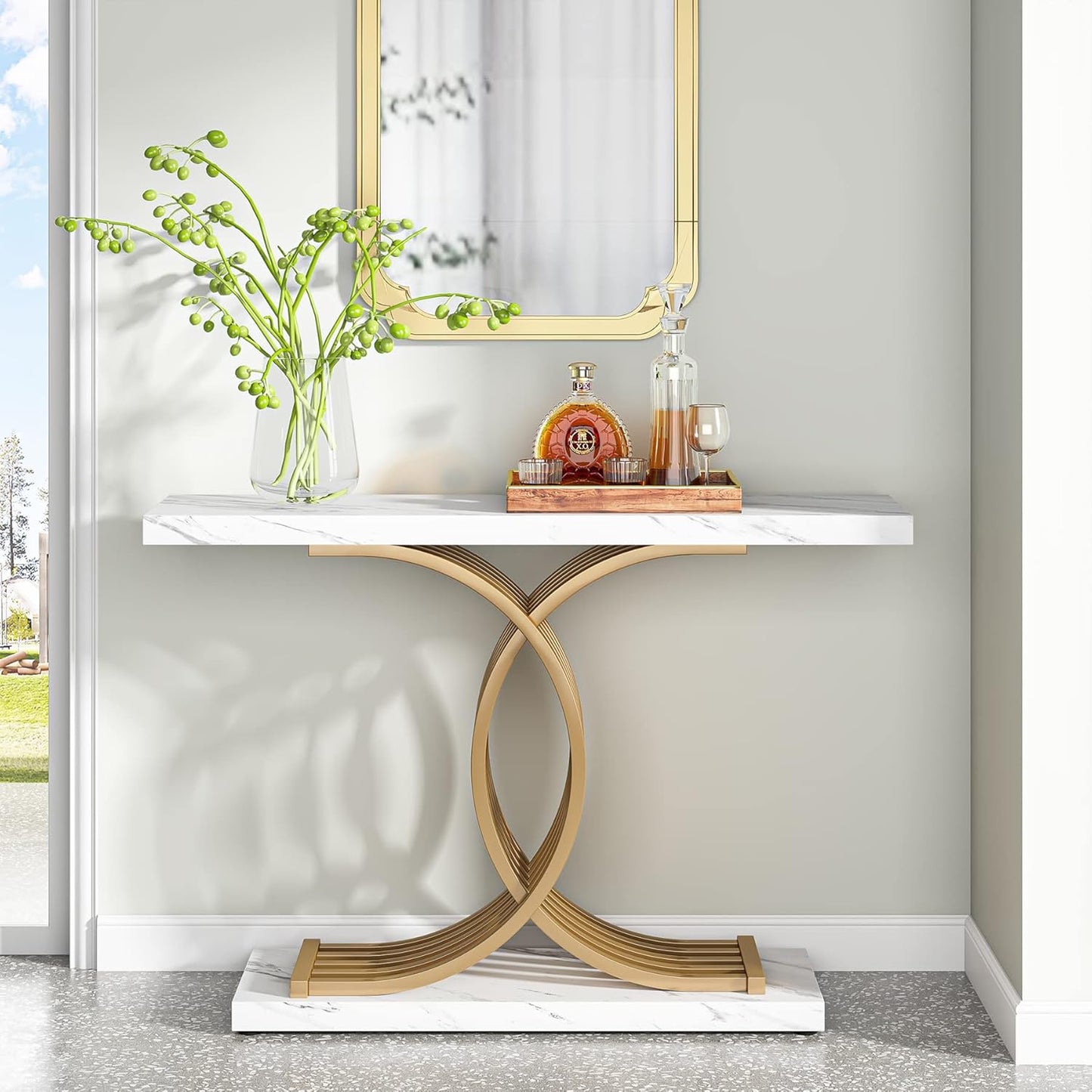 Table Console d'entrée, 100 x 29,5 x 80 cm Table Console Vintage, Table d'entrée avec Pieds métalliques géométriques, Table canapé étroite en Bois pour Le Salon (Blanc et Doré)