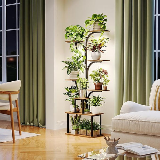 Grand Support de Plantes d’Intérieur, Etagère à Plante 8 Niveaux avec Lampe de Croissance, Meuble pour Plantes Vertes d’Intérieur, en Forme d’Arbre