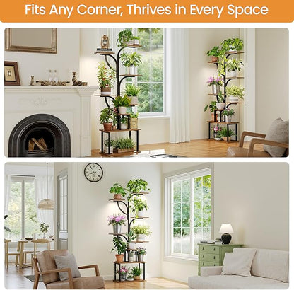 Grand Support de Plantes d’Intérieur, Etagère à Plante 8 Niveaux avec Lampe de Croissance, Meuble pour Plantes Vertes d’Intérieur, en Forme d’Arbre