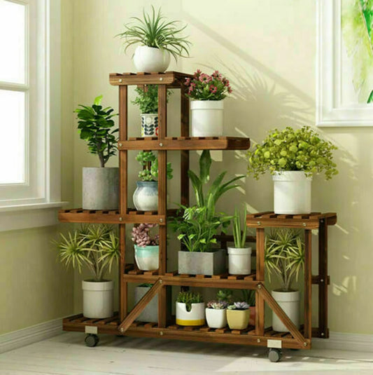 UNHO-Présentoir à plantes en bois avec roulettes, étagère roulante multicouche, stockage mobile intérieur, support T1 extérieur