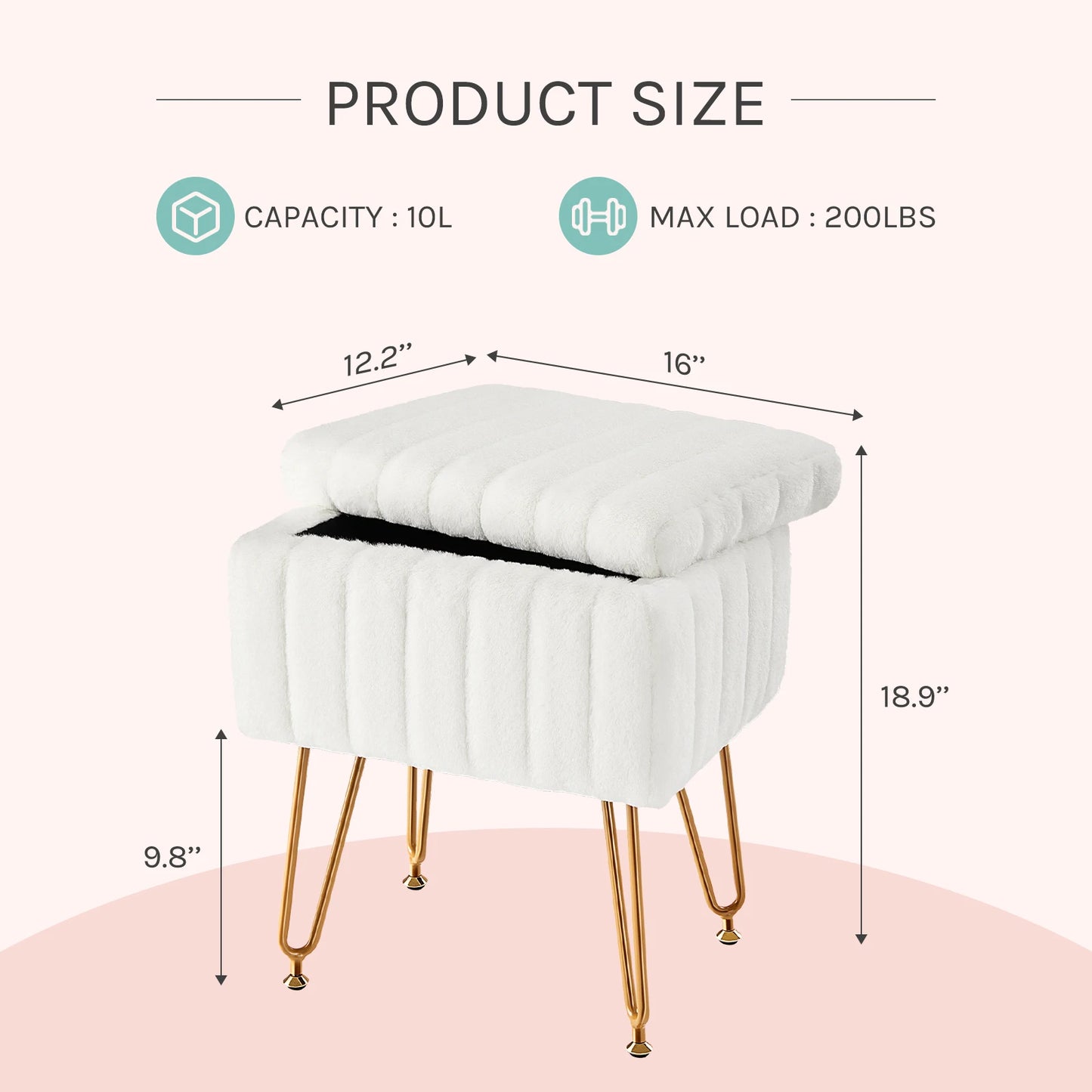 JHK – tabourets et poufs de rangement cachés en fausse fourrure pour salon, maquillage rembourré avec 4 pieds en métal, pieds réglables antidérapants pour la maison