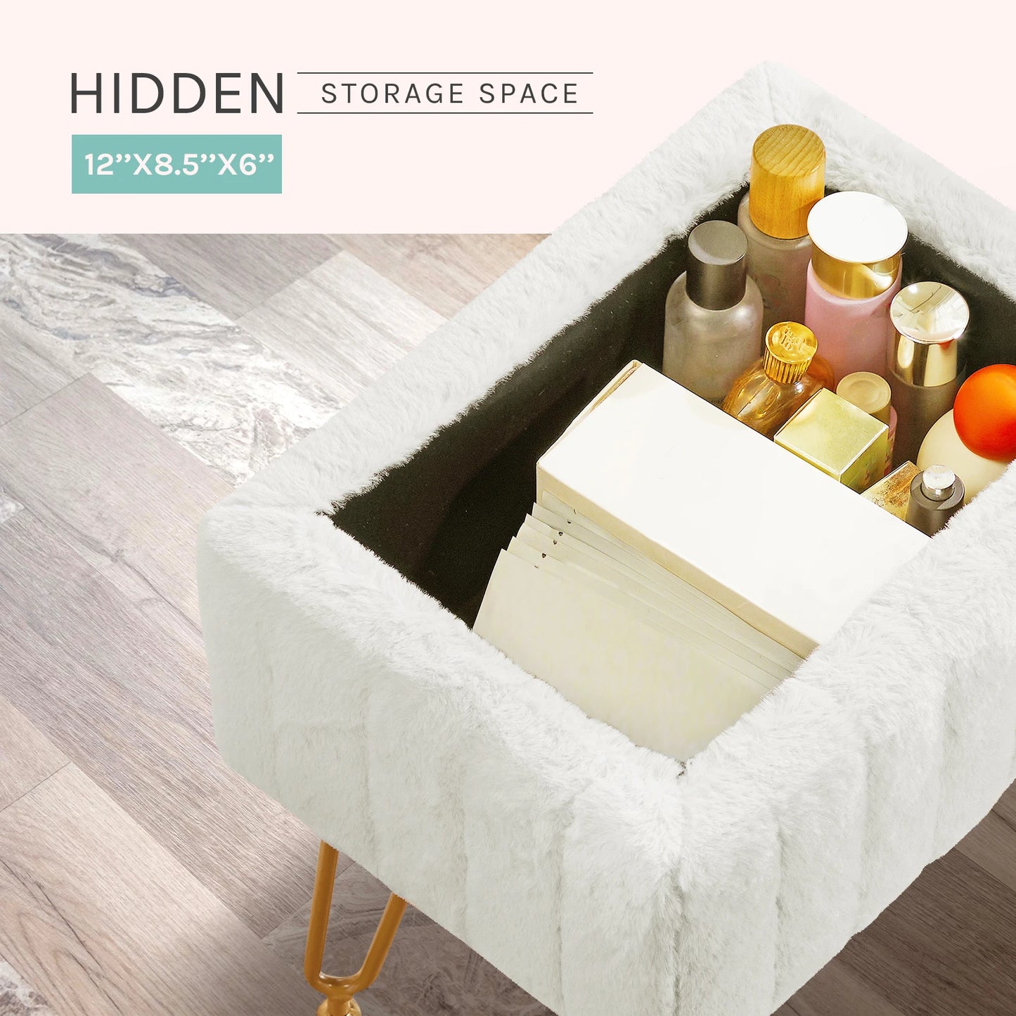 JHK – tabourets et poufs de rangement cachés en fausse fourrure pour salon, maquillage rembourré avec 4 pieds en métal, pieds réglables antidérapants pour la maison