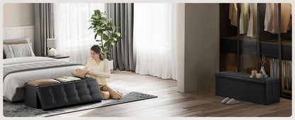 SONGMICS 43 Inches Folding Storage Ottoman Bench, Storage Chest, Footrest, Coffee Table, Padded Seat, Faux Leather