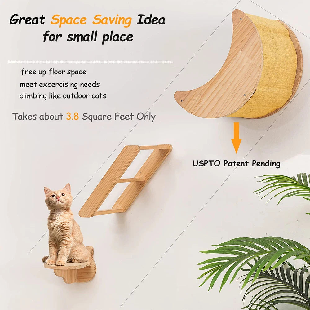 Étagère Murale en Bois Massif en Forme de Lune pour Chat, Hamac d'Escalade, Perchoirs, Échelle, Marches, Activité d'Nik, Meubles Muraux