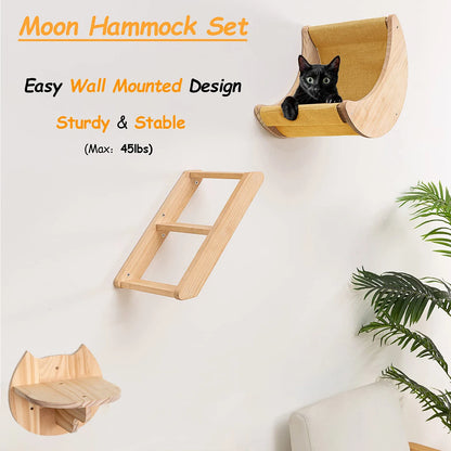 Étagère Murale en Bois Massif en Forme de Lune pour Chat, Hamac d'Escalade, Perchoirs, Échelle, Marches, Activité d'Nik, Meubles Muraux