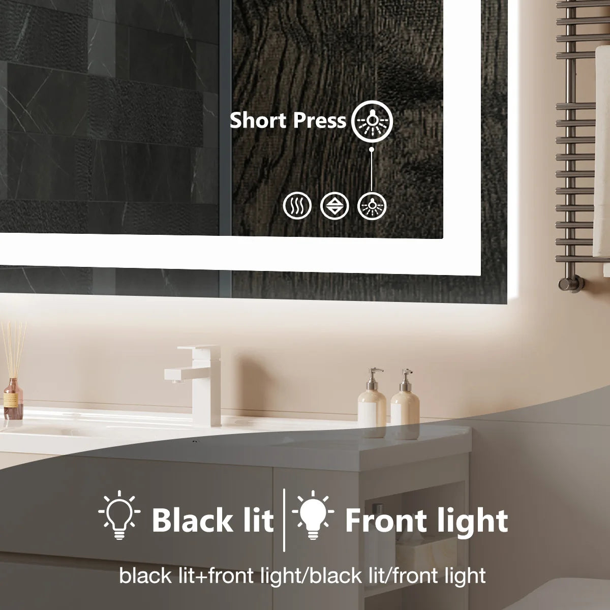 JHK 36 "x 24" miroir de vanité de salle de bain LED pour fonction de mémoire murale verre trempé avec lumière avant et rétro-éclairage pour le salon