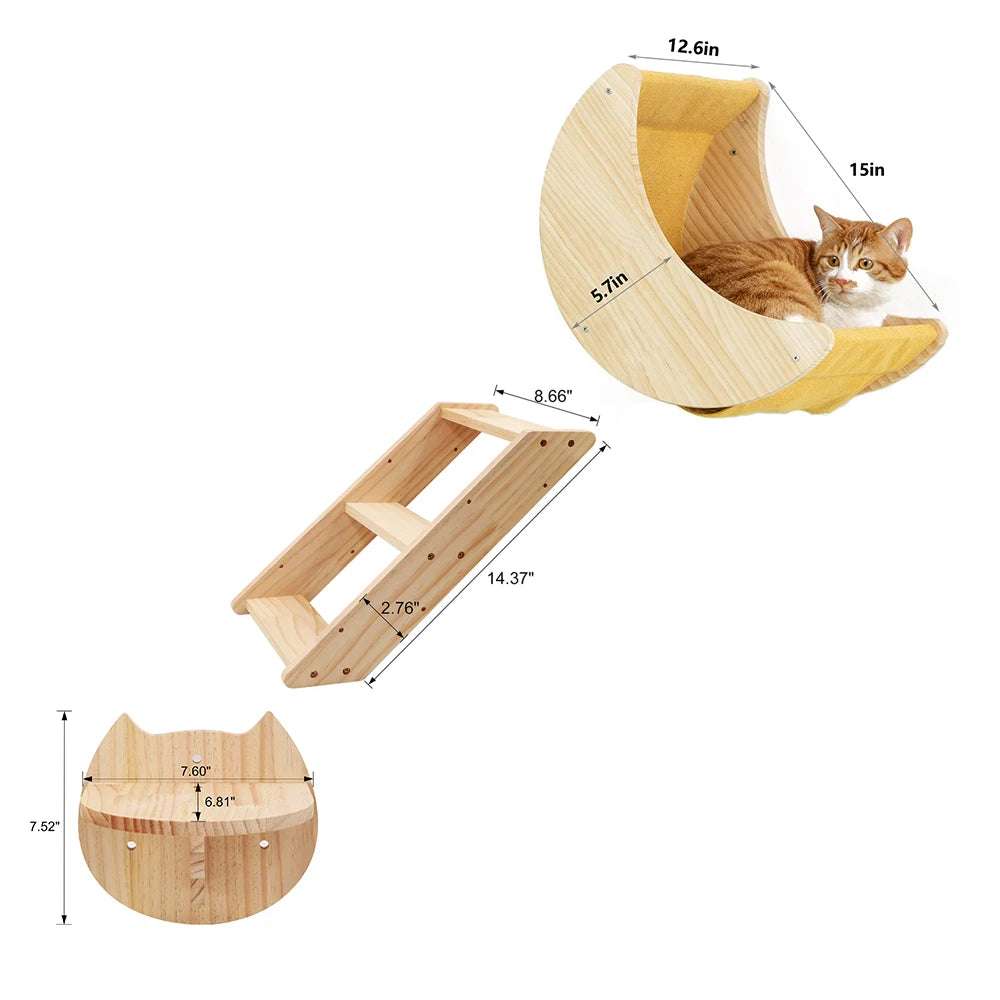 Étagère Murale en Bois Massif en Forme de Lune pour Chat, Hamac d'Escalade, Perchoirs, Échelle, Marches, Activité d'Nik, Meubles Muraux