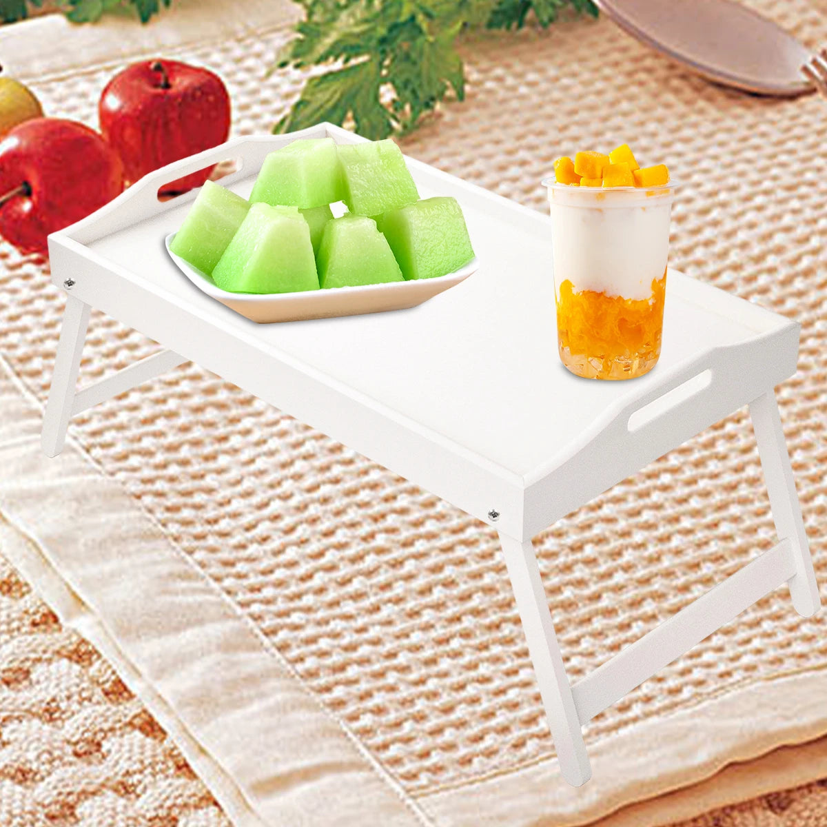 Plateau de lit pour petit-déjeuner en bambou avec pieds pliants – Parfait pour le canapé, le télévision, l'ordinateur portable ou les collations – Servir le petit déjeuner au lit (noir/blanc)