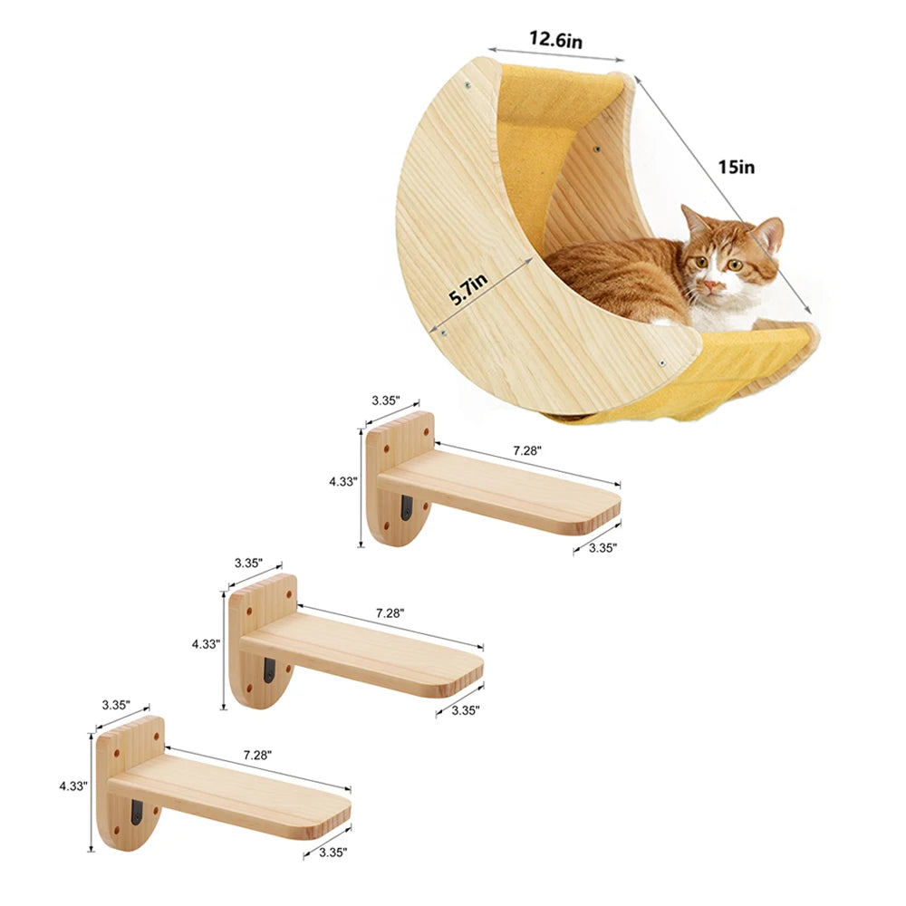 Étagère Murale en Bois Massif en Forme de Lune pour Chat, Hamac d'Escalade, Perchoirs, Échelle, Marches, Activité d'Nik, Meubles Muraux