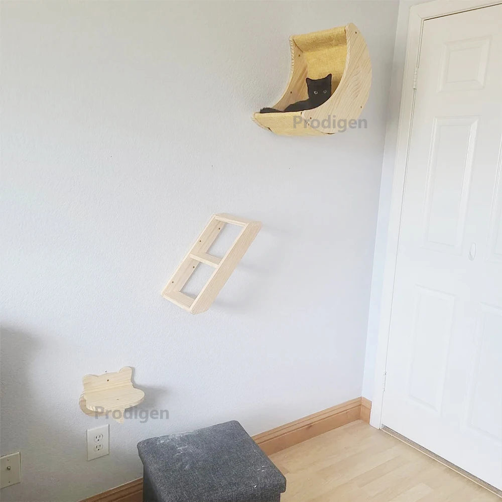 Étagère Murale en Bois Massif en Forme de Lune pour Chat, Hamac d'Escalade, Perchoirs, Échelle, Marches, Activité d'Nik, Meubles Muraux