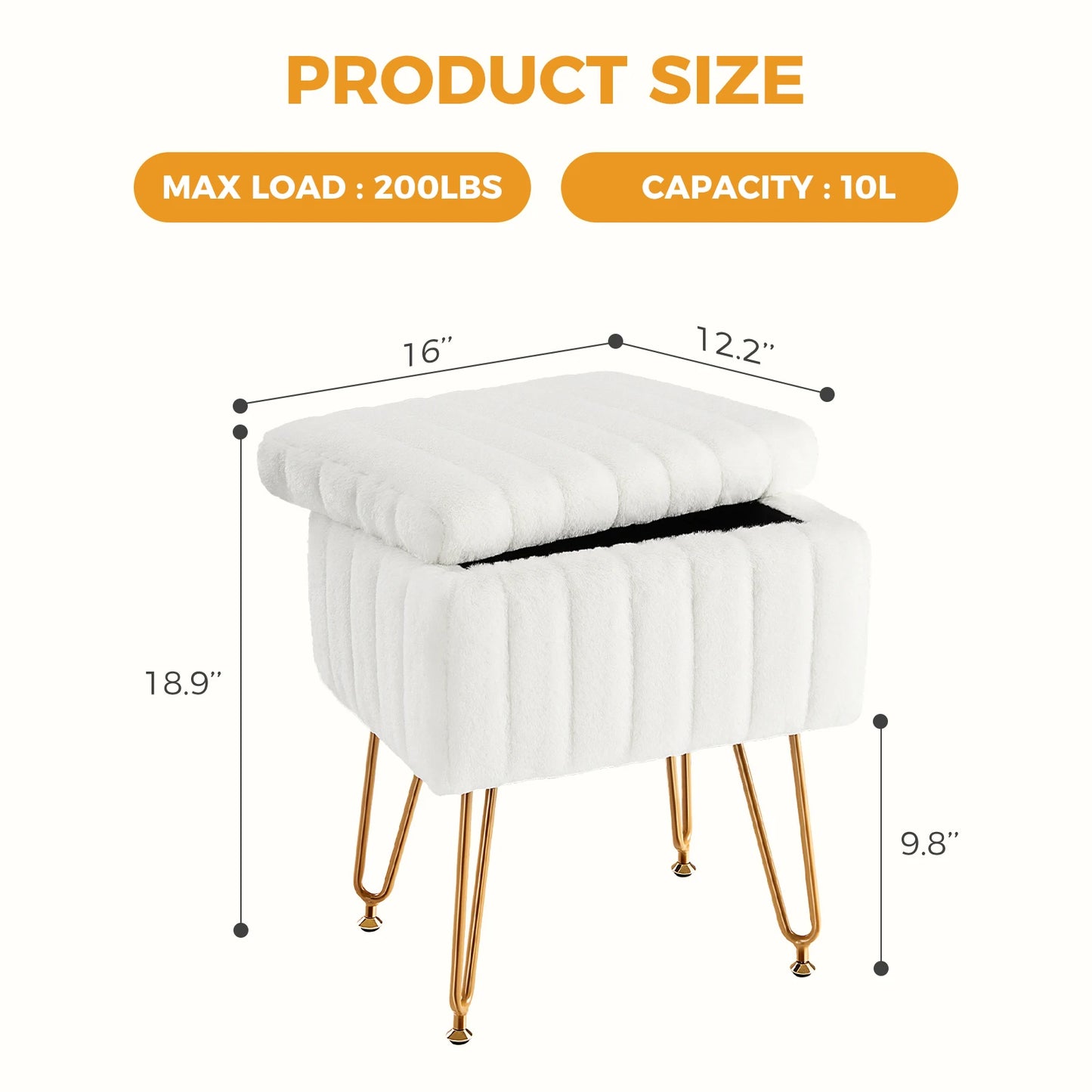 JHK – tabourets et poufs de rangement cachés en fausse fourrure pour salon, maquillage rembourré avec 4 pieds en métal, pieds réglables antidérapants pour la maison