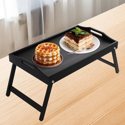 Plateau de lit pour petit-déjeuner en bambou avec pieds pliants – Parfait pour le canapé, le télévision, l'ordinateur portable ou les collations – Servir le petit déjeuner au lit (noir/blanc)