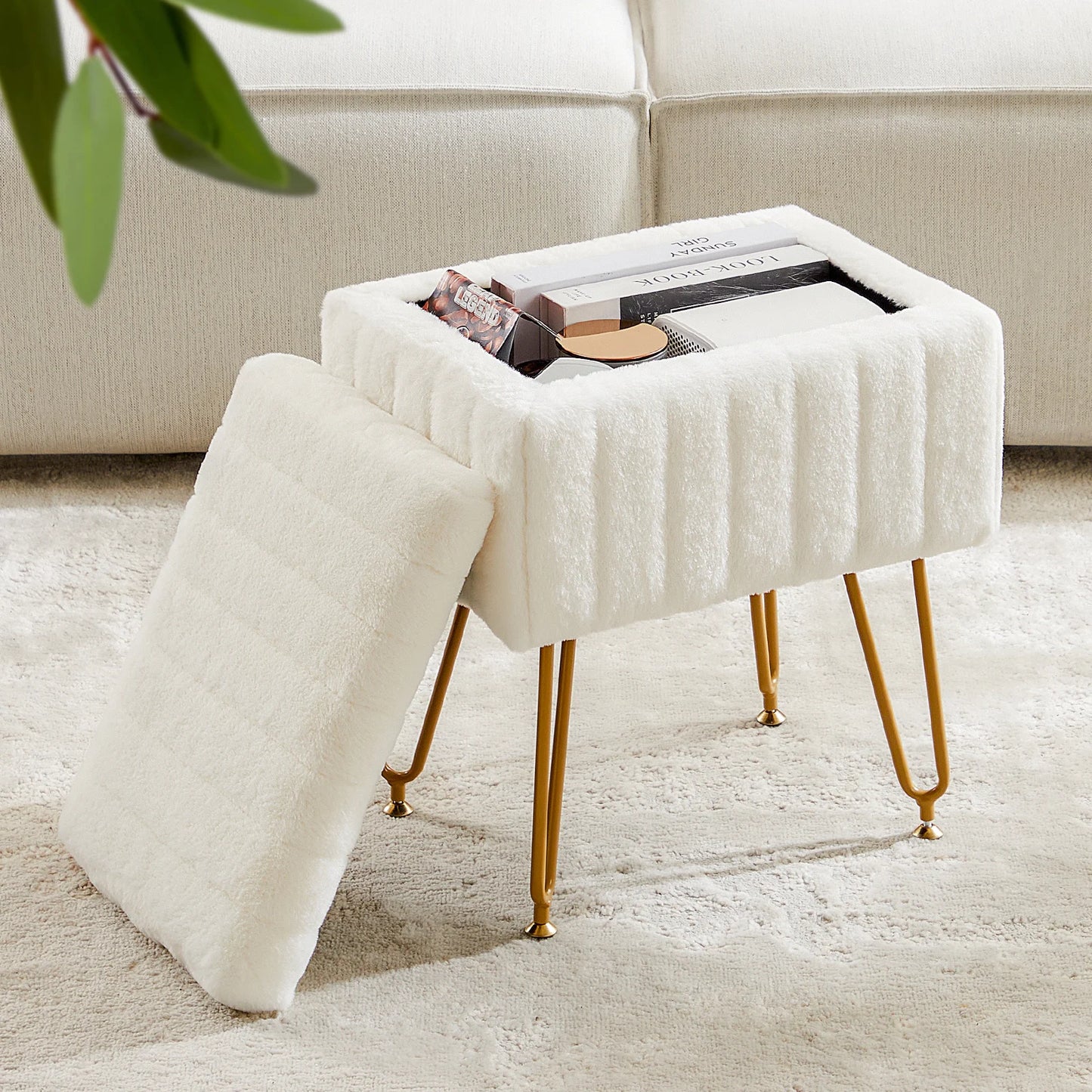 JHK – tabourets et poufs de rangement cachés en fausse fourrure pour salon, maquillage rembourré avec 4 pieds en métal, pieds réglables antidérapants pour la maison
