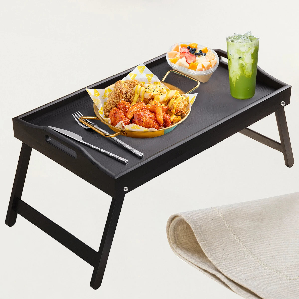 Plateau de lit pour petit-déjeuner en bambou avec pieds pliants – Parfait pour le canapé, le télévision, l'ordinateur portable ou les collations – Servir le petit déjeuner au lit (noir/blanc)