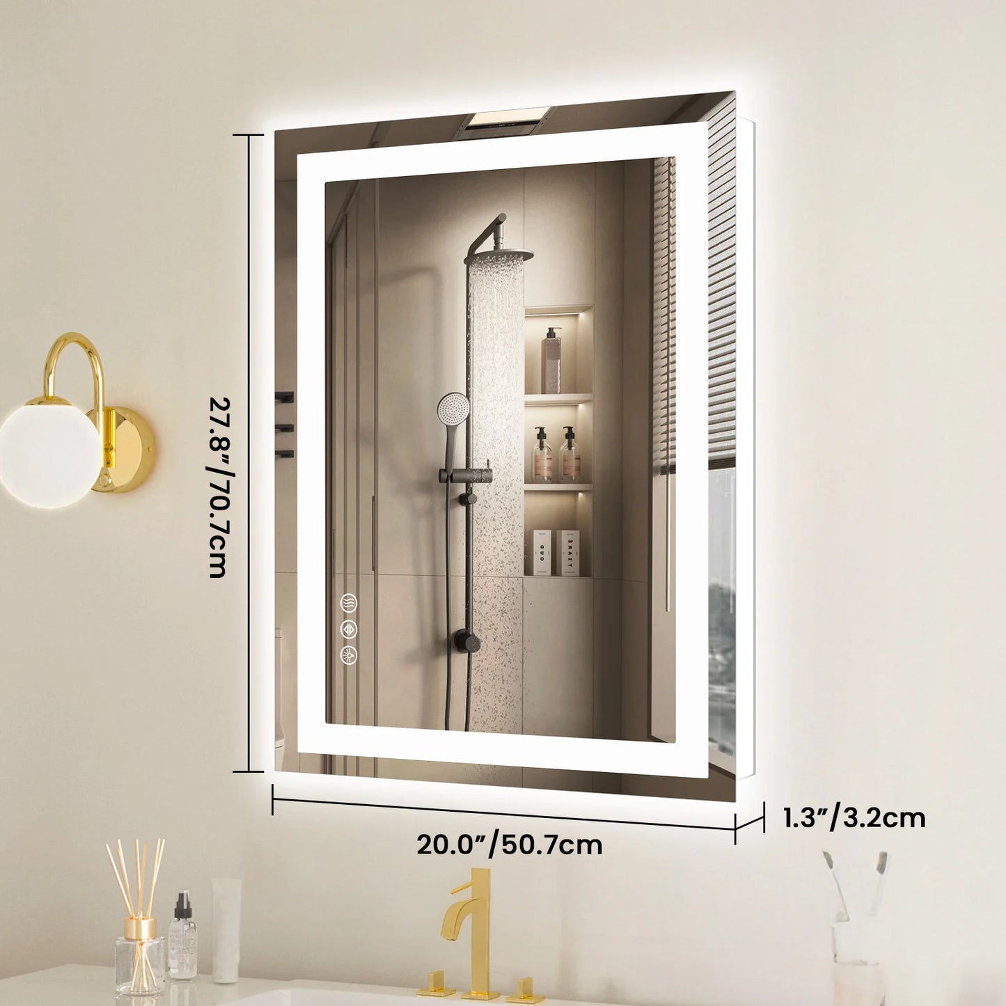JHK 36 "x 24" miroir de vanité de salle de bain LED pour fonction de mémoire murale verre trempé avec lumière avant et rétro-éclairage pour le salon
