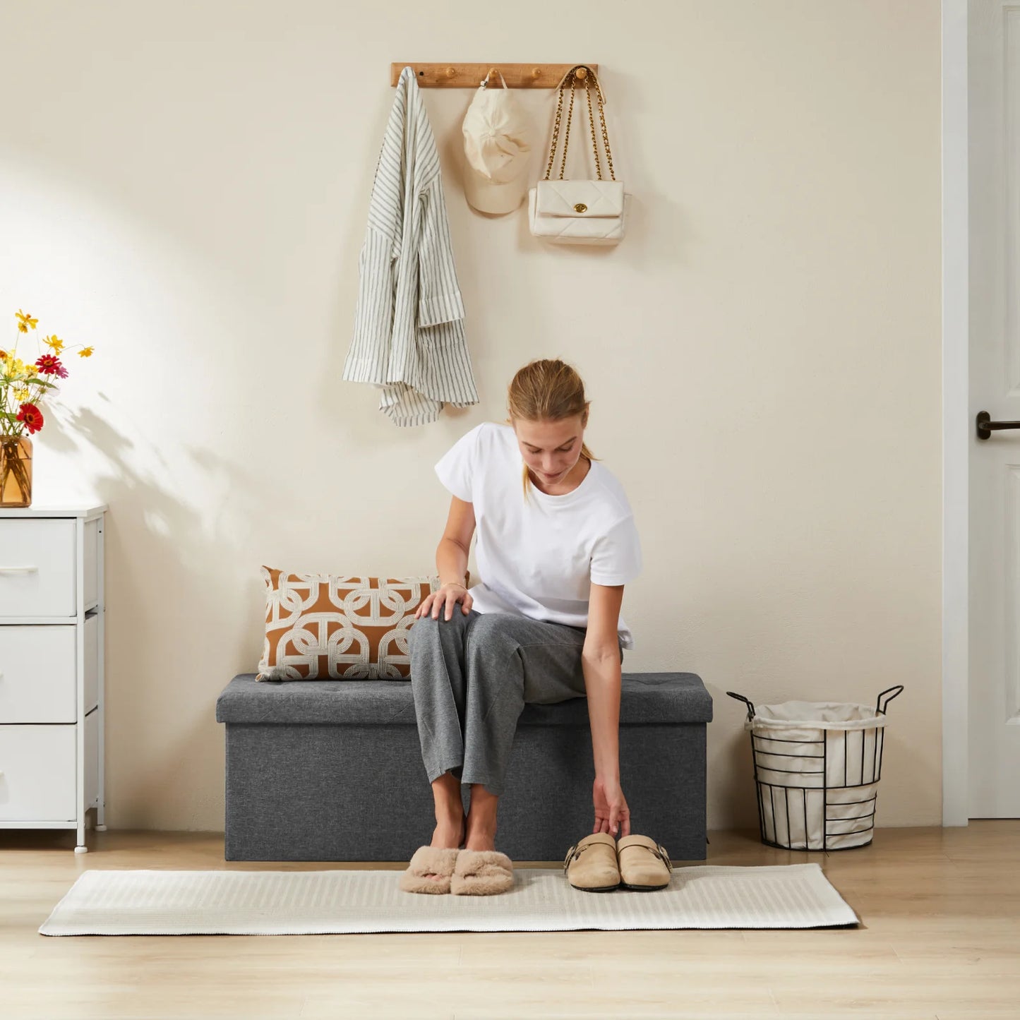 JIan-Repose-pieds de rangement GNE pour salon, banc de chambre à coucher, tissu de lin, facile à assembler, bain, capacité de charge, boîte à jouets