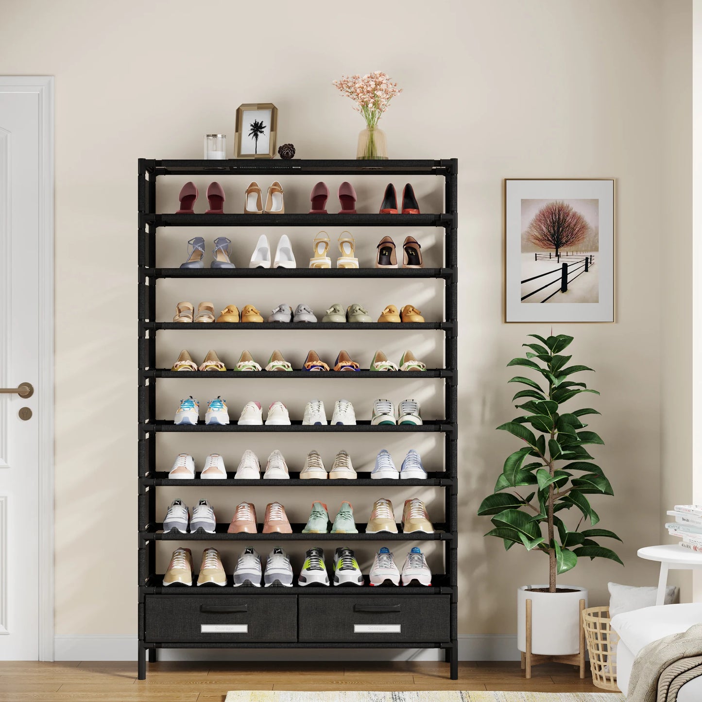 Tribesigns Organisateur d'étagère à chaussures à 10 niveaux avec 4 tiroirs pour entrée de placard, 32 paires de étagères à chaussures verticales, étagère à chaussures haute