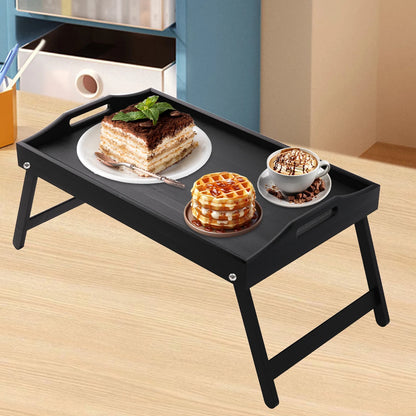 Plateau de lit pour petit-déjeuner en bambou avec pieds pliants – Parfait pour le canapé, le télévision, l'ordinateur portable ou les collations – Servir le petit déjeuner au lit (noir/blanc)