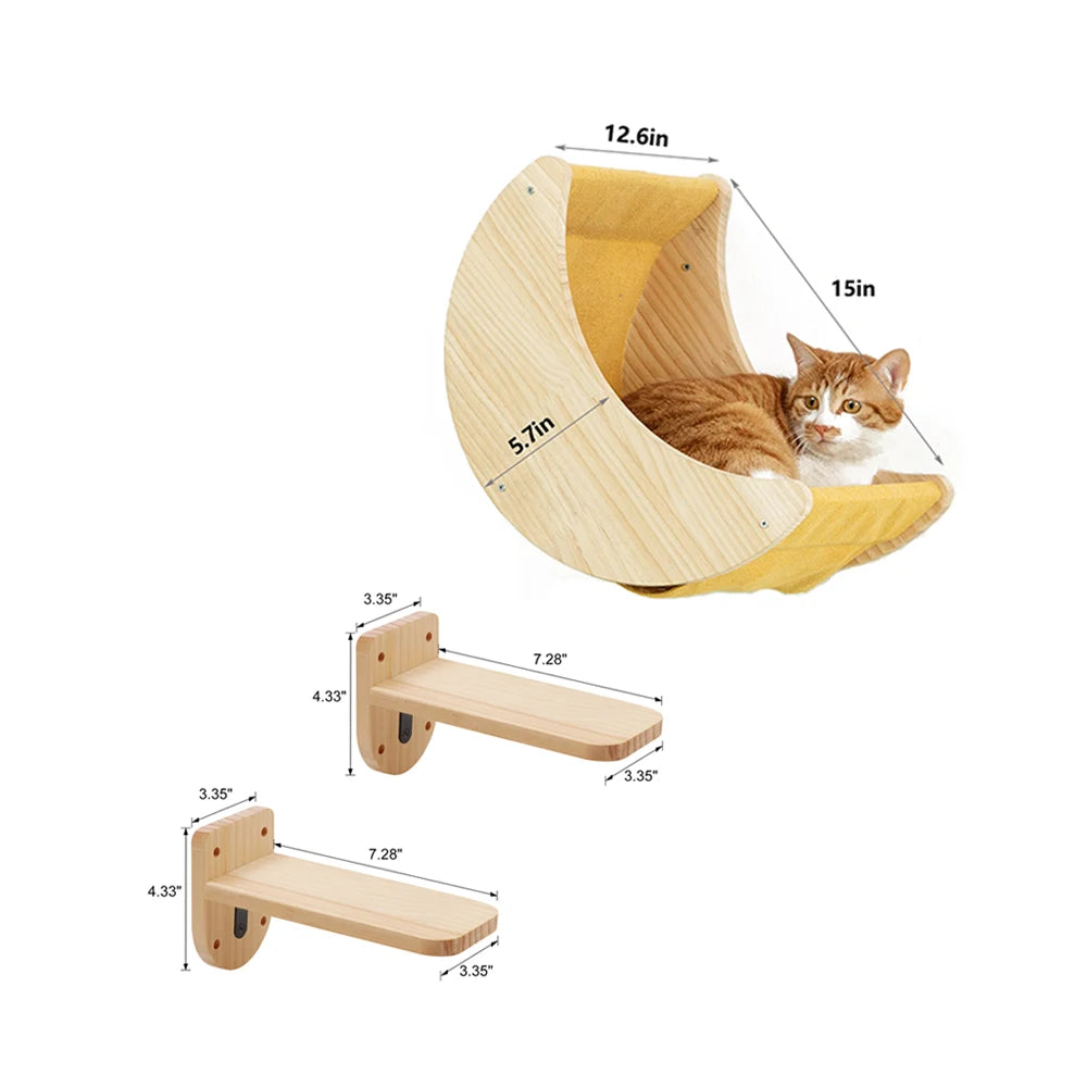 Étagère Murale en Bois Massif en Forme de Lune pour Chat, Hamac d'Escalade, Perchoirs, Échelle, Marches, Activité d'Nik, Meubles Muraux
