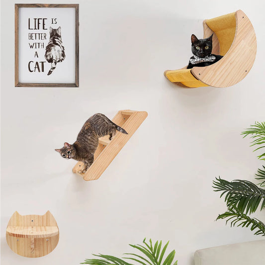 Étagère Murale en Bois Massif en Forme de Lune pour Chat, Hamac d'Escalade, Perchoirs, Échelle, Marches, Activité d'Nik, Meubles Muraux