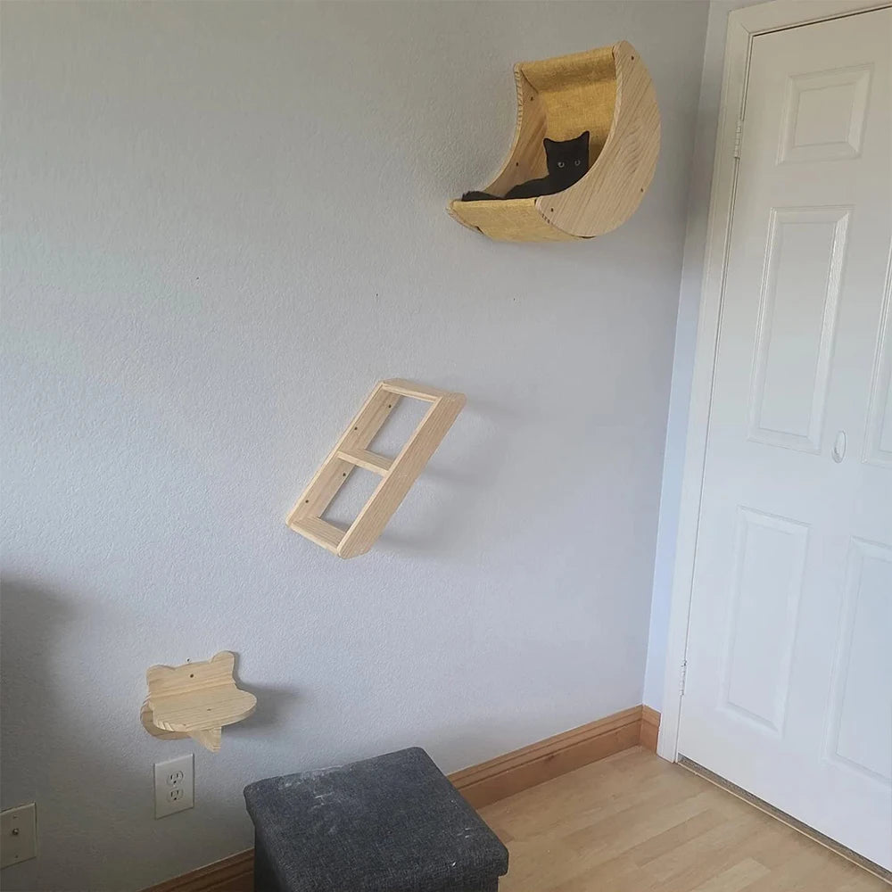 Étagère Murale en Bois Massif en Forme de Lune pour Chat, Hamac d'Escalade, Perchoirs, Échelle, Marches, Activité d'Nik, Meubles Muraux