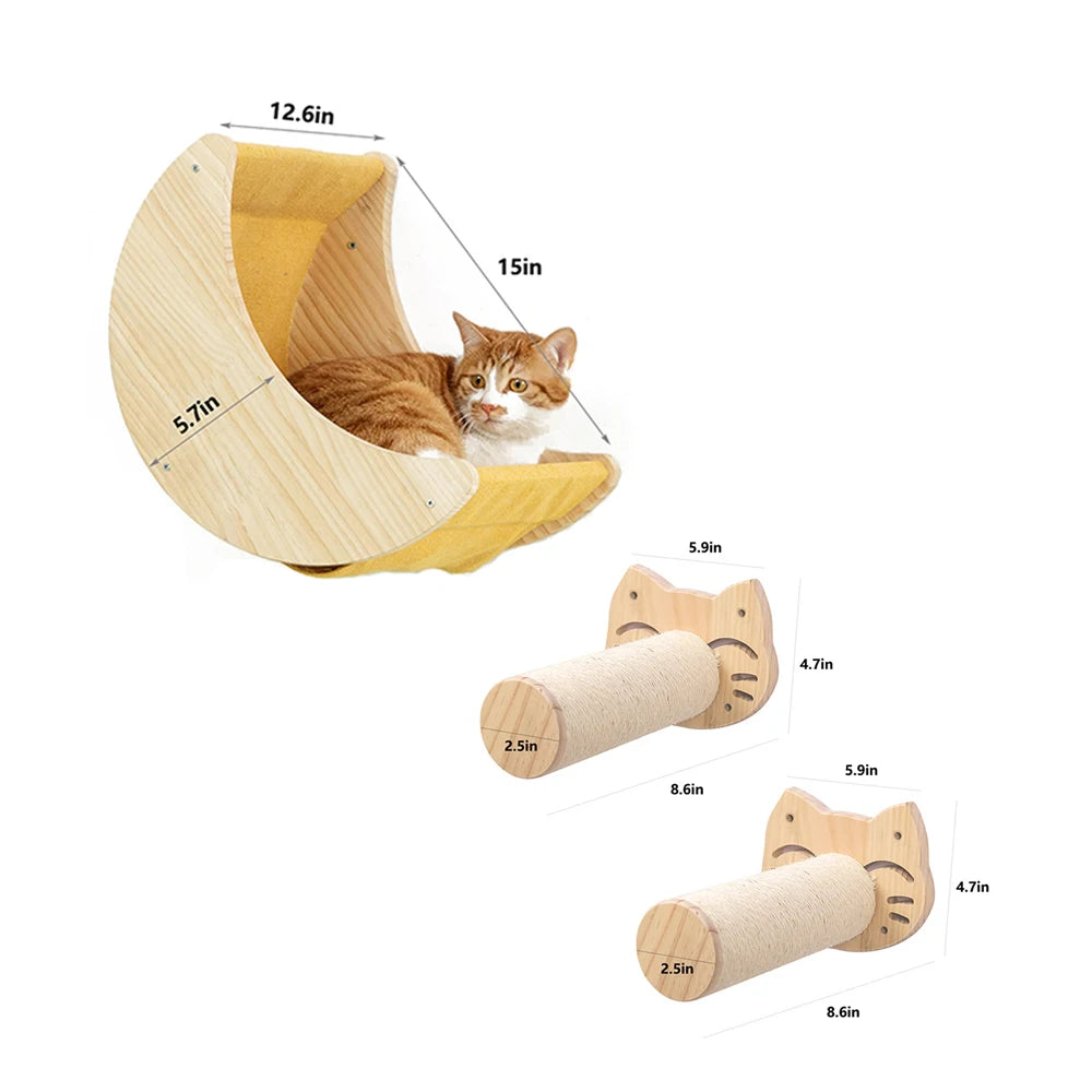 Étagère Murale en Bois Massif en Forme de Lune pour Chat, Hamac d'Escalade, Perchoirs, Échelle, Marches, Activité d'Nik, Meubles Muraux